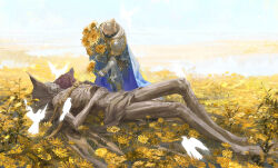 Rule 34 | 2boys, armor, bird, blonde hair, blue cape, blue sky, braid, breastplate, cape, chinese commentary, closed eyes, commentary request, corpse, day, death, elden ring, field, flower, flower field, full body, gauntlets, giving, glowing bird, greaves, hair bun, half updo, hand on own stomach, highres, holding, holding flower, lucianalin, lying, male focus, margit the fell omen, morgott the omen king, multiple boys, on back, outdoors, pauldrons, rope, short hair, shoulder armor, single braid, single hair bun, sky, standing, sunflower, sunflower field, tarnished (elden ring), white bird, yellow flower