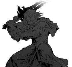 Rule 34 | 1boy, 5altybitter5, capelet, emet-selch, feet out of frame, fighting stance, final fantasy, final fantasy xiv, furrowed brow, greatsword, greyscale, high contrast, highres, holding, holding sword, holding weapon, legs apart, long sleeves, looking at viewer, male focus, monochrome, robe, serious, short hair, simple background, solo, spot color, standing, sword, two-handed, two-handed sword, weapon, white background, yellow eyes