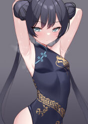 Rule 34 | 1girl, absurdres, armpits, arms behind head, black dress, black hair, blue archive, blush, breasts, china dress, chinese clothes, commentary, double bun, dress, grey eyes, hair bun, highres, kisaki (blue archive), long hair, maru.selinn, presenting armpit, small breasts, solo, steaming body, twintails