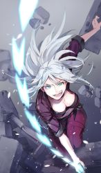 Rule 34 | 1girl, blue eyes, breasts, grin, highres, holding, holding weapon, holding whip, imoko (imonatsuki), jacket, judith (unlight), jumpsuit, long hair, looking at viewer, medium breasts, open clothes, open jacket, open mouth, silver hair, sleeves rolled up, smile, solo, teeth, unlight, weapon