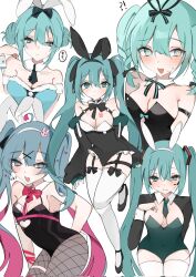 Rule 34 | !?, 5girls, :/, :d, @ @, animal ears, arm strap, averting eyes, bare shoulders, black bow, black footwear, black leotard, black shrug, blue dress, blue eyes, blue hair, blush, bow, bowtie, breasts, cleavage, covered navel, crossed bangs, detached collar, dot nose, double bun, dress, fake animal ears, fake tail, fishnet pantyhose, fishnets, fur-trimmed dress, fur trim, garter straps, green leotard, green necktie, grin, hair between eyes, hair bow, hair bun, hair ornament, hatsune miku, headset, heart, heart-shaped pupils, high heels, highres, knees together feet apart, legs together, leotard, long hair, looking at viewer, medium breasts, multiple girls, multiple persona, necktie, off-shoulder dress, off shoulder, open mouth, pantyhose, playboy bunny, rabbit ears, rabbit hole (vocaloid), rabbit tail, red bow, red bowtie, short hair with long locks, sidelocks, simple background, smile, sweatdrop, symbol-shaped pupils, tail, thighhighs, twintails, very long hair, vocaloid, waimoniku, white background, white thighhighs, x hair ornament