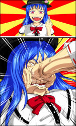 Rule 34 | 2girls, blue hair, bow, clenched hand, colored eyelashes, face punch, food, fruit, hakurei reimu, hat, hidaruma, hinanawi tenshi, in the face, long hair, man face, middle finger, multiple girls, open mouth, out of frame, peach, punching, red eyes, ribbon-trimmed sleeves, ribbon trim, short sleeves, smile, sunburst, teeth, touhou