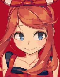 Rule 34 | 1girl, blue eyes, bow, collarbone, creatures (company), female focus, game freak, hair bow, hair ribbon, hairband, looking to the side, makaroll, may (pokemon), may (pokemon oras), nintendo, orange hair, pokemon, pokemon oras, portrait, ribbon, short hair, smile, solo, upper body