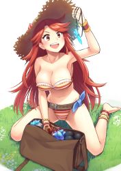 Rule 34 | &gt;:d, 10s, 1girl, :d, anklet, bag, bangle, bare legs, bare shoulders, barefoot, belt, bikini, blush, bracelet, breasts, buckle, cameltoe, cleavage, collarbone, crystal, female focus, flower, full body, glowing, granblue fantasy, grass, handbag, hat, hat flower, holding, jewelry, kneeling, large breasts, long hair, mary (granblue fantasy), navel, on ground, open mouth, orange eyes, oyaji-sou, parted bangs, red hair, simple background, sitting, smile, solo, spread legs, strapless, strapless bikini, straw hat, striped bikini, striped clothes, swimsuit, v-shaped eyebrows, wariza, white background, wristband