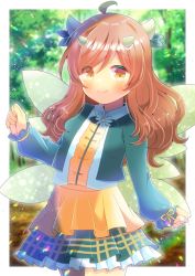 Rule 34 | 1girl, ahoge, blue jacket, blurry, blurry background, brown eyes, brown hair, closed mouth, collared shirt, commentary request, commission, daisy kiki, day, depth of field, green skirt, green wings, hair between eyes, horns, indie virtual youtuber, insect wings, jacket, kou hiyoyo, layered skirt, long sleeves, multiple horns, open clothes, open jacket, pleated skirt, puffy long sleeves, puffy sleeves, shirt, skeb commission, skirt, sleeves past wrists, smile, solo, swept bangs, virtual youtuber, white shirt, wings, yellow skirt