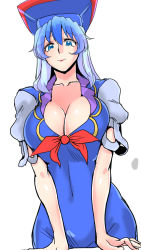 Rule 34 | 1girl, blue dress, blue eyes, blue hair, breasts squeezed together, breasts, cleavage, collarbone, danna (karatekikku), dress, female focus, gradient hair, hair over shoulder, hand on table, hat, impossible clothes, impossible dress, kamishirasawa keine, large breasts, large hat, lips, looking at viewer, looking down, matching hair/eyes, multicolored hair, navel, puffy short sleeves, puffy sleeves, short sleeves, simple background, solo, touhou, white background