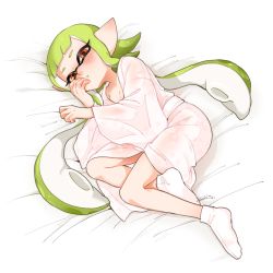 Rule 34 | 1girl, bathrobe, bed sheet, blunt bangs, blush, commentary, dated, female focus, from above, green hair, half-closed eyes, highres, inkling, inkling girl, inkling player character, long hair, looking at viewer, lying, mask, nintendo, on bed, on side, orange eyes, parted lips, pointy ears, see-through, socks, solo, splatoon (series), tentacle hair, white footwear, yeneny