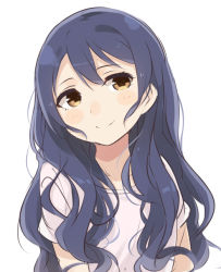 Rule 34 | 1girl, alternate hairstyle, bad id, bad pixiv id, blue hair, blush, commentary request, hair between eyes, long hair, looking at viewer, love live!, love live! school idol project, short sleeves, simple background, smile, solo, sonoda umi, totoki86, upper body, wavy hair, yellow eyes