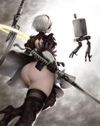 Rule 34 | 1girl, ass, black dress, black footwear, black gloves, black thighhighs, blindfold, boots, closed mouth, commentary request, dress, feather trim, from behind, gloves, hairband, high heel boots, high heels, highres, holding, holding sword, holding weapon, kurone rinka, lips, long sleeves, nier:automata, nier (series), pod (nier:automata), puffy sleeves, robot, short dress, short hair, simple background, solo, sword, thigh boots, thighhighs, thighs, two-sided fabric, two-sided skirt, weapon, weapon on back, white hair, 2b (nier:automata)