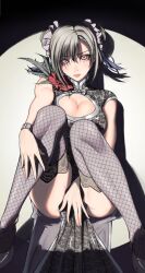 Rule 34 | 1girl, between legs, black hair, breasts, china dress, chinese clothes, cleavage cutout, clothing cutout, corsage, double bun, dress, final fantasy, final fantasy vii, final fantasy vii remake, fishnet thighhighs, fishnets, hair bun, hand between legs, highres, knees together feet apart, lace, lace-trimmed thighhighs, large breasts, looking at viewer, official alternate costume, official alternate hairstyle, sitting, solo, temoc, thighhighs, tifa lockhart, tifa lockhart (sporty dress)