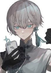 Rule 34 | 1boy, androgynous, blue eyes, chinese clothes, closed mouth, earrings, expressionless, gloves, grey hair, hair ornament, highres, holding, holding phone, jewelry, kuleha s, looking at viewer, male focus, original, phone, selfie, simple background, single earring, solo, white background