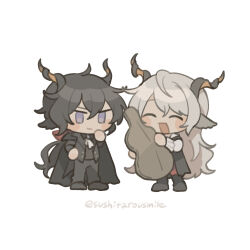Rule 34 | 2boys, animal ears, arknights, black cape, black hair, black jacket, black pants, black shirt, blush stickers, cape, chibi, closed eyes, commentary, ebenholz (arknights), full body, goat boy, goat ears, goat horns, highres, horns, instrument case, jacket, kreide (arknights), long hair, looking at another, male focus, multiple boys, open mouth, pants, purple eyes, shirt, simple background, smile, sushitarou, symbol-only commentary, twitter username, white background, white hair, white shirt