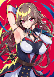 Rule 34 | 1girl, armpits, belt, breasts, brown hair, detached sleeves, dress, furen e lustario, hair between eyes, highres, large breasts, long hair, looking at viewer, muco lita, nijisanji, parted lips, presenting armpit, red background, red eyes, sheath, sheathed, simple background, solo, sword, virtual youtuber, weapon