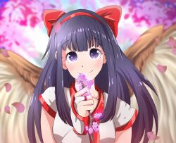 Rule 34 | 1girl, ainu clothes, breasts, clenched hand, fingerless gloves, flower, gloves, hair ribbon, highres, large breasts, long hair, mamahaha, nakoruru, purple eyes, purple hair, ribbon, samurai spirits, smile, snk, the king of fighters