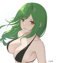 Rule 34 | 1girl, :d, azur lane, bare shoulders, bikini, black bikini, breasts, cleavage, collarbone, commentary request, green hair, large breasts, littorio (azur lane), long hair, looking at viewer, maoyao-ll, open mouth, red eyes, signature, simple background, smile, solo, swept bangs, swimsuit, upper body, white background