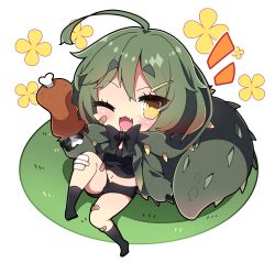 Rule 34 | 1girl, ;d, ahoge, bandaid, bandaid on leg, black bow, black camisole, black shorts, black socks, blush, boned meat, bow, breasts, camisole, chibi, commentary request, deviljho, drooling, fang, flower, food, full body, green hair, hair between eyes, hair ornament, hairclip, highres, holding, holding food, hood, hood down, looking at viewer, meat, medium breasts, milkpanda, monster hunter (series), mouth drool, navel, no shoes, notice lines, on grass, one eye closed, open mouth, personification, short eyebrows, short shorts, shorts, simple background, smile, socks, solo, spikes, tail, thick eyebrows, white background, yellow eyes, yellow flower
