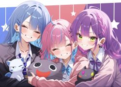 3girls bibi_(tokoyami_towa) black_jacket blue_hair blush cardigan closed_eyes earrings highres hololive hoshimachi_suisei jacket jewelry long_hair minato_aqua multicolored_hair multiple_girls pink_cardigan pink_hair purple_cardigan purple_hair sa-ya2 shirt smile star_(symbol) star_earrings tokoyami_towa two-tone_hair upper_body virtual_youtuber white_shirt