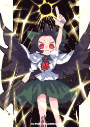 Rule 34 | 1girl, arm cannon, bird wings, black hair, black sun, black wings, bow, cape, closed mouth, commentary, control rod, feet out of frame, green bow, green skirt, hair bow, long hair, looking at viewer, pointing, pointing up, puffy short sleeves, puffy sleeves, red eyes, reiuji utsuho, shirt, short sleeves, skirt, solo, sparkle, starry sky print, sun, symbol-only commentary, third eye, touhou, tsuru (nekopanchi), weapon, white cape, white shirt, wings