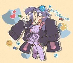 Rule 34 | 1girl, arabic text, black hoodie, blush stickers, chibi, dress, drop shadow, emoji, hashtag, highres, hood, hood down, hoodie, jiangshi, mixed-language text, o o, one eye covered, open clothes, open hoodie, outline, outstretched arms, paper on head, purple dress, purple thighhighs, sheila ship2, shield, short dress, short hair with long locks, simple background, sleeves past fingers, sleeves past wrists, solo, tape, thighhighs, thumbs up, translation request, twitter verified checkmark, very long sleeves, vocaloid, voiceroid, white outline, yellow background, yuzuki yukari, zombie pose