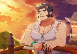 Rule 34 | 1boy, bara, bare arms, bare shoulders, bead bracelet, beads, blue hair, bracelet, bridge, broken horn, collarbone, covered erect nipples, dark blue hair, demon boy, demon horns, facial hair, fang, horns, jewelry, kqq8, long sideburns, looking up, magatama, magatama necklace, male focus, muscular, muscular male, necklace, pectorals, red eyes, shirt, short hair, sideburns, sidepec, sleeveless, sleeveless shirt, smile, solo, stubble, sunset, takemaru (housamo), thick eyebrows, tokyo houkago summoners, torn clothes, torn shirt, upper body, white shirt