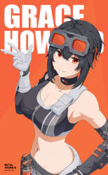 Rule 34 | 1girl, absurdres, ahoge, arm pouch, artist name, asymmetrical gloves, belt, black choker, black gloves, black hair, black pants, black sports bra, breasts, character name, choker, cleavage, closed mouth, collarbone, commentary, cowboy shot, crossed bangs, elbow gloves, english commentary, explosive, fishnet gloves, fishnets, gloves, goggles, goggles on head, grace howard, grenade, grey belt, groin, hair between eyes, hand up, highres, large breasts, long hair, looking at viewer, midriff, mismatched gloves, navel, orange background, pants, red eyes, rifyaa, sidelocks, simple background, single bare shoulder, smile, solo, sports bra, standing, watermark, web address, white gloves, zenless zone zero, zipper, zipper pull tab