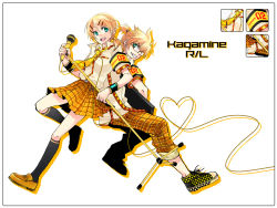 Rule 34 | 1boy, 1girl, alternate hairstyle, armband, back-to-back, blonde hair, brother and sister, casual, heart, heart of string, instrument, kagamine len, kagamine rin, kagekichirou (artist), kneehighs, microphone, microphone stand, necktie, pants, plaid, plaid pants, plaid skirt, siblings, skirt, socks, tadano kagekichi, twins, twintails, vocaloid, yellow necktie