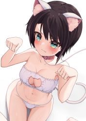 Rule 34 | 1girl, absurdres, animal collar, animal ear fluff, animal ears, aqua eyes, bare shoulders, blush, bra, breasts, brown hair, cat ears, cat lingerie, cat tail, cleavage, cleavage cutout, clenched teeth, closed mouth, clothing cutout, collar, collarbone, from above, highres, hololive, kemonomimi mode, leash, looking at viewer, makino maki, medium breasts, meme attire, navel, oozora subaru, panties, paw pose, side-tie panties, simple background, sitting, strapless, strapless bra, swept bangs, tail, teeth, thigh gap, underwear, virtual youtuber, wariza