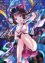 Rule 34 | 1girl, arm up, armpits, bangle, bare arms, bare shoulders, bikini, blue eyes, bracelet, breasts, brown hair, collarbone, commentary request, fate/grand order, fate (series), floating hair, floral print, glint, hair ornament, holding, holding sword, holding weapon, jewelry, katana, katsushika hokusai (fate), katsushika hokusai (swimsuit saber) (fate), long hair, looking at viewer, medium breasts, octopus, open mouth, platform footwear, swimsuit, sword, thigh strap, tokitarou (fate), water, weapon, white bikini, yamigo