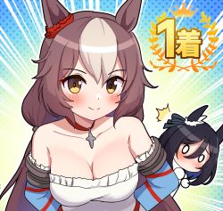 Rule 34 | 0 0, 2girls, ^^^, animal ears, arms behind back, bare shoulders, black hair, blush, breasts, brown eyes, brown hair, chibi, cleavage, closed mouth, collarbone, commentary request, dress, eishin flash (umamusume), emphasis lines, frilled dress, frills, hair between eyes, highres, horse ears, looking at viewer, medium breasts, multicolored hair, multiple girls, smile, strapless, strapless dress, takiki, trait connection, two-tone hair, umamusume, white dress, white hair, yamanin zephyr (umamusume)