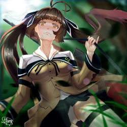 Rule 34 | 1girl, absurdres, ahoge, armband, battle rifle, black ribbon, black skirt, blazer, blurry, blush, breasts, brown hair, bush, buttons, cameltoe, collared shirt, dated, depth of field, forest, from below, girls&#039; frontline, gluteal fold, gun, hair ribbon, highres, holding, holding strap, jacket, long hair, looking at viewer, m14, m14 (girls&#039; frontline), medium breasts, nature, off shoulder, panties, pinky out, pleated skirt, pocket, ribbon, rifle, shen feng yu zi, shirt, signature, skirt, smile, smoke trail, solo, thigh strap, thighhighs, thighs, twintails, underwear, weapon, weapon on back, white panties, white shirt, white thighhighs, yellow eyes, zettai ryouiki