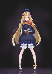 Rule 34 | 1girl, abigail williams (fate), absurdres, artist request, black background, black bow, black dress, black footwear, black hat, blonde hair, bloomers, blue eyes, bow, breasts, closed mouth, dress, fate/grand order, fate (series), forehead, full body, glowing, glowing eye, hair bow, hat, highres, keyhole, legs, long hair, looking at viewer, multiple hair bows, orange bow, parted bangs, ribbed dress, sleeves past fingers, sleeves past wrists, small breasts, stuffed animal, stuffed toy, teddy bear, third eye, underwear, white bloomers