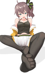 Rule 34 | 1girl, ahoge, blue eyes, bow, brown hair, camisole, collarbone, feet, foot focus, foreshortening, hair bow, highres, hololive, jacket, jacket partially removed, looking at viewer, medium hair, midriff, natsuiro matsuri, natsuiro matsuri (1st costume), navel, off shoulder, open mouth, pantyhose, side ponytail, simple background, sitting, skirt, soles, solo, toes, virtual youtuber, white background, yuuzuki (re&#039;ef)