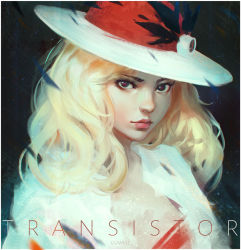 Rule 34 | 1girl, artist name, black background, blonde hair, border, closed mouth, copyright name, green eyes, guweiz, hat, jacket, looking at viewer, multicolored eyes, open clothes, open jacket, pink lips, portrait, red eyes, serious, simple background, solo, sybil reisz, transistor (game), upper body, white border, white hat, white jacket