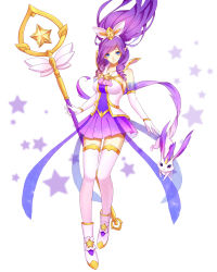 Rule 34 | 1girl, alternate costume, blue eyes, boots, elbow gloves, floating hair, gloves, hair ornament, highres, janna (league of legends), kezi, league of legends, long hair, looking at viewer, magical girl, pointy ears, purple hair, skirt, smile, solo, staff, star (symbol), star guardian (league of legends), star guardian janna, thighhighs, zephyr (league of legends)