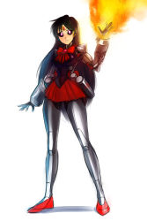 Rule 34 | 1990s (style), 1girl, arm cannon, bishoujo senshi sailor moon, black hair, black sclera, colored sclera, cyborg, fire, flamethrower, forehead jewel, hino rei, long hair, magical girl, mechanization, psuede, red skirt, retro artstyle, robot ears, sailor mars, skirt, solo, tiara, weapon, white background
