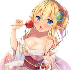 Rule 34 | 1girl, :o, bag, blonde hair, blue eyes, blush, breasts, candy apple, cleavage, collarbone, commentary request, elf, fish, floral print, food, hair ornament, hands up, has bad revision, has downscaled revision, highres, holding, holding food, japanese clothes, kimono, large breasts, long hair, looking at viewer, md5 mismatch, mori airi, obi, open mouth, original, pink kimono, plastic bag, pointy ears, resolution mismatch, sash, sidelocks, simple background, solo, source smaller, tongue, tongue out, upper body, white background, wide sleeves