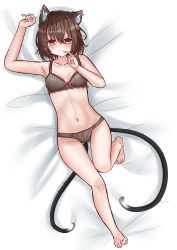 Rule 34 | 1girl, absurdres, animal ear fluff, animal ears, barefoot, bed sheet, black bra, bow, bow panties, bra, breasts, brown hair, cat ears, cat girl, cat tail, chen, earrings, highres, jewelry, lying, multiple tails, on back, on bed, panties, piercing, single earring, solo, tail, touhou, tsubakipan, underwear, underwear only
