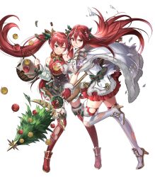 Rule 34 | 2girls, alternate costume, animal ears, antlers, apple, armor, bare shoulders, boots, chachie, christmas ornaments, cordelia (fire emblem), cordelia (winter) (fire emblem), deer antlers, deer ears, fake animal ears, fake antlers, female focus, fire emblem, fire emblem awakening, fire emblem fates, fire emblem heroes, food, fruit, full body, fur-trimmed gloves, fur trim, gloves, gold trim, highres, holding, holding food, horns, leg up, long hair, looking away, matching hair/eyes, mother and daughter, multiple girls, nintendo, non-web source, official alternate costume, official art, one eye closed, red eyes, red gloves, red hair, selena (fire emblem fates), skirt, sleeveless, thigh boots, thighhighs, torn clothes, torn thighhighs, transparent background, twintails, wince, zettai ryouiki