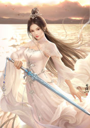 Rule 34 | 1girl, backlighting, blush, breasts, china dress, chinese clothes, day, dress, fanxiu, hair ornament, highres, holding, holding sword, holding weapon, long hair, mountainous horizon, original, outdoors, shrug (clothing), solo, sword, very long hair, weapon