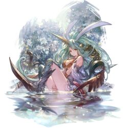 Rule 34 | 1girl, anat (granblue fantasy), animal ears, breasts, cleavage, feathers, granblue fantasy, green hair, horns, long hair, medium breasts, minaba hideo, official art, partially submerged, rabbit ears, sitting, third-party source, transparent background, water