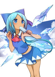 Rule 34 | 1girl, absurdres, adapted costume, blue dress, blue eyes, blue hair, cirno, dress, food, highres, ice, ice wings, neck ribbon, popsicle, red ribbon, ribbon, shiki karin, short hair, solo, touhou, wings