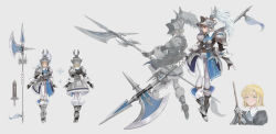 Rule 34 | 1girl, absurdres, armor, belt, black gloves, blonde hair, blush, breastplate, brown belt, character sheet, closed mouth, dagger, glaive (polearm), gloves, goyoyoo, greaves, green eyes, grey background, helmet, highres, holding, holding glaive, holding polearm, holding weapon, huge weapon, knife, knight, multicolored clothes, multicolored gloves, multiple views, open mouth, original, pauldrons, polearm, puffy sleeves, short hair, shoulder armor, simple background, teeth, upper body, vambraces, weapon, white gloves