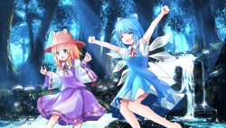 Rule 34 | &gt; &lt;, 2girls, :d, ^ ^, arms up, barefoot, blonde hair, blue bow, blue dress, blue eyes, blue hair, blush, bow, cirno, clenched hands, dress, expressive clothes, closed eyes, hair bow, hair ribbon, hat, highres, ice, ice wings, long sleeves, moriya suwako, multiple girls, neck ribbon, open mouth, outdoors, outstretched arms, puffy short sleeves, puffy sleeves, red ribbon, ribbon, ribbon-trimmed sleeves, ribbon trim, risutaru, river, short hair, short sleeves, skirt, skirt set, smile, summer, touhou, water, wide sleeves, wings