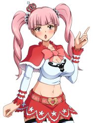 Rule 34 | 1girl, :o, belt, blunt bangs, blush, bow, breasts, capelet, cleavage, cross, crown, eyelashes, heart, large breasts, lipstick, long hair, looking at viewer, makeup, midriff, mini crown, navel, one piece, perona, pink belt, pink bow, pink eyes, pink hair, pointing, pointing up, red capelet, red lips, red skirt, shirt, simple background, skirt, solo, thighhighs, tilted headwear, twintails, white background, white shirt, white thighhighs, wokuni