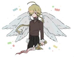 Rule 34 | 1boy, ahoge, angel wings, black pants, blonde hair, brown sweater, closed mouth, feathered wings, funamusea, grey shirt, hair over one eye, holding, holding weapon, long hair, long sleeves, looking to the side, male focus, mmzzzz, multiple wings, pants, red eyes, shirt, solo, sweater, taffy (funamusea), turtleneck, weapon, white wings, wings