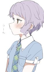 Rule 34 | 1girl, absurdres, blue shirt, blush, breast pocket, breasts, check commentary, checkered necktie, commentary request, highres, idolmaster, idolmaster cinderella girls, looking away, makabe mizuki, meeeeeeco359, necktie, pocket, profile, purple hair, serious, shirt, short hair, short sleeves, sidelocks, small breasts, solo, upper body, wavy hair, white background, wing collar, yellow eyes