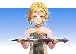 Rule 34 | 1girl, absurdres, blonde hair, border, bracelet, braid, broken, broken sword, broken weapon, circlet, closed mouth, commentary, crown braid, dress, earrings, green eyes, highres, holding, holding sword, holding weapon, jewelry, light particles, looking at viewer, master sword, momoju163, necklace, nintendo, outside border, pointy ears, princess zelda, simple background, solo, strapless, strapless dress, sword, symbol-only commentary, teardrop facial mark, the legend of zelda, the legend of zelda: tears of the kingdom, upper body, weapon, white border, white dress
