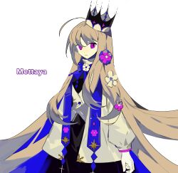 Rule 34 | 1girl, absurdres, ahoge, black dress, black headwear, blonde hair, blue bow, blue bowtie, bow, bowtie, buttons, closed mouth, coat, collared coat, cross pin, cross print, crown, dress, expressionless, floral print, flower, flower brooch, hair flower, hair ornament, hair spread out, high collar, highres, long dress, long hair, long sleeves, looking at viewer, mettaya (tiankong yiji), original, pink eyes, pink flower, puffy long sleeves, puffy sleeves, sidelocks, solo, star (symbol), star print, tiankong yiji, two-tone headwear, very long hair, white background, white coat, white flower, white headwear