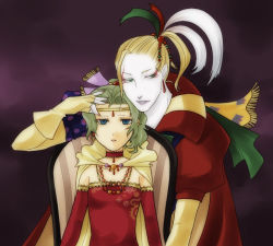 Rule 34 | 1990s (style), bare shoulders, blonde hair, blue eyes, cefca palazzo, choker, couple, detached sleeves, earrings, empty eyes, final fantasy, final fantasy vi, fingerless gloves, gloves, green eyes, green hair, inaba (pixiv492064), jewelry, long hair, mind control, necklace, tiara, tina branford