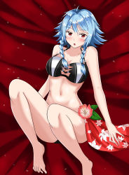 Rule 34 | :o, absurdres, artist request, bad id, bad pixiv id, barefoot, bikini, black bikini, blue hair, blush, braid, breasts, cleavage, collarbone, epic seven, flower, full body, hair between eyes, halterneck, highres, large breasts, looking at viewer, lying, on back, open mouth, red eyes, sarong, shadow rose (epic seven), short hair, sidelocks, swept bangs, swimsuit, twin braids, twomoon